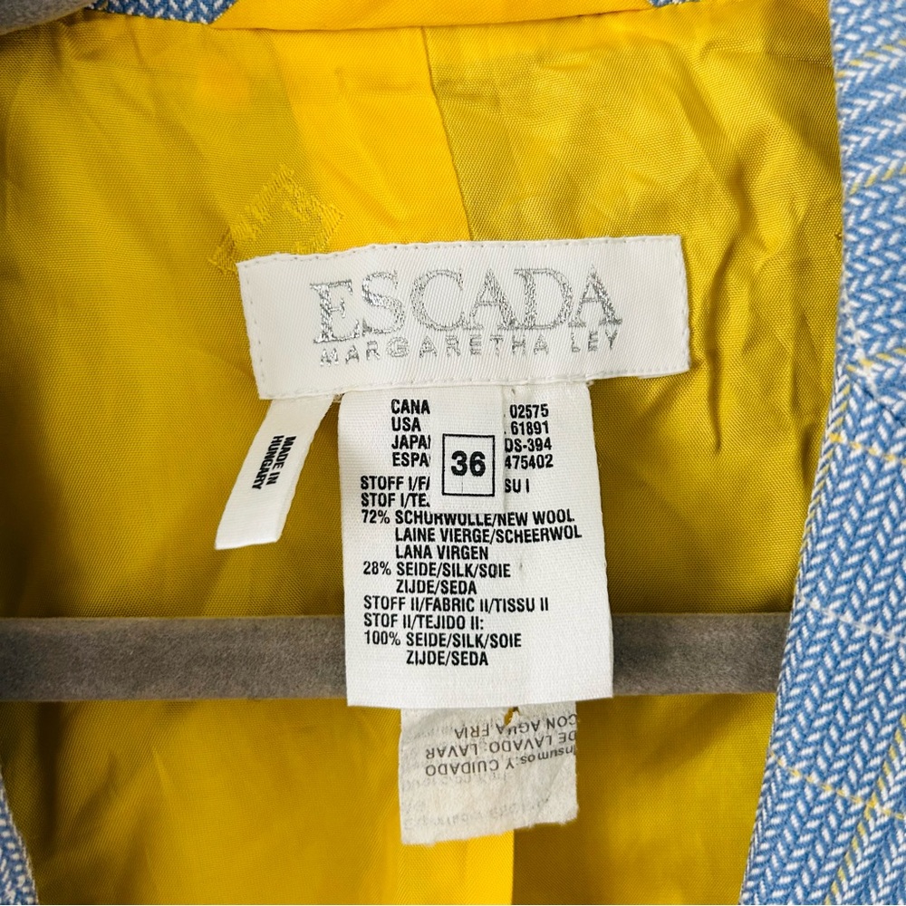 Vintage Escada Light Blue Yellow Plaid Single Button Wool Silk Blazer Jacket 36 - Picture 3 of 9